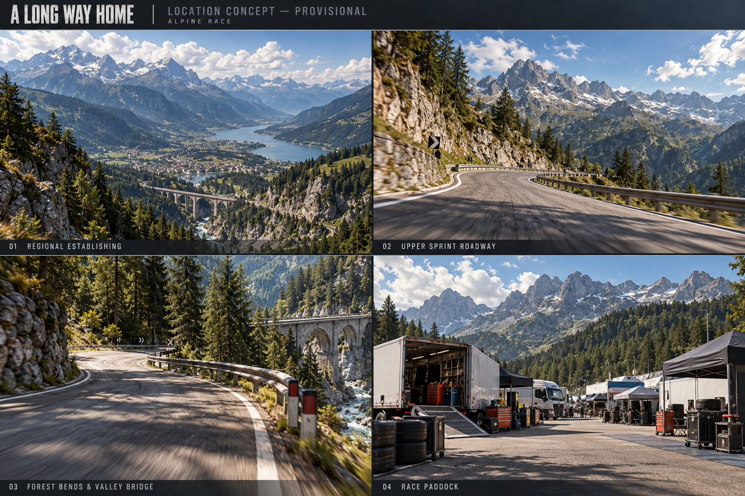 Approved Alpine Valley concept board: winding mountain roads, clear skies, valley overlooks and a roadside paddock