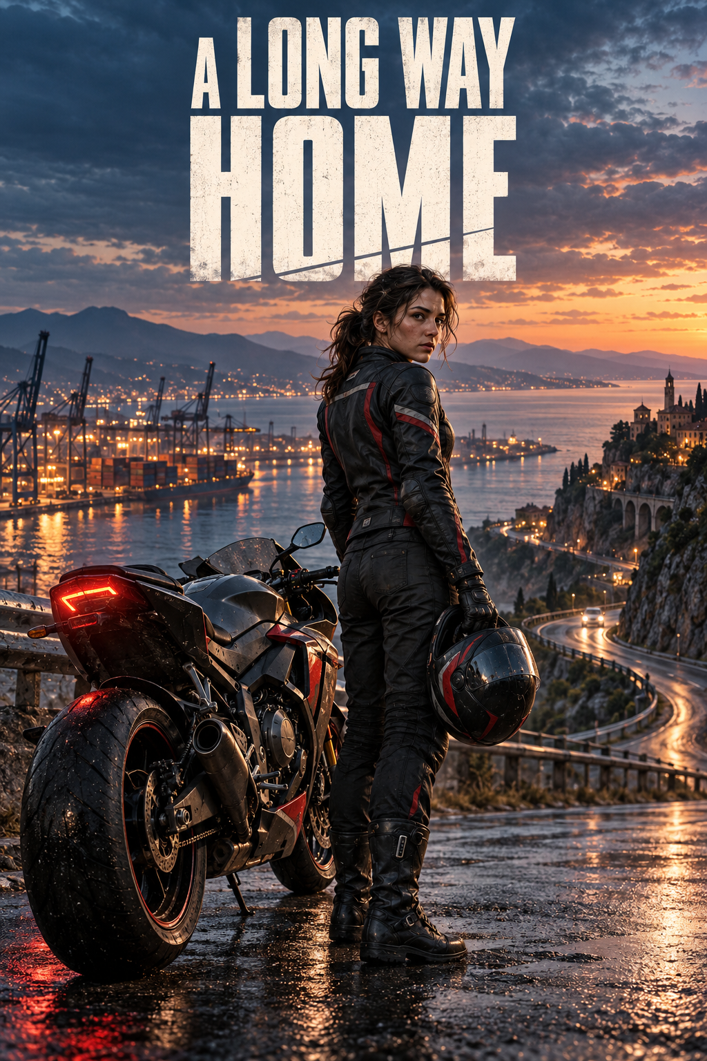 A Long Way Home approved cover: Tess beside her motorcycle, above a harbor at dusk. The full title and original artwork are preserved.